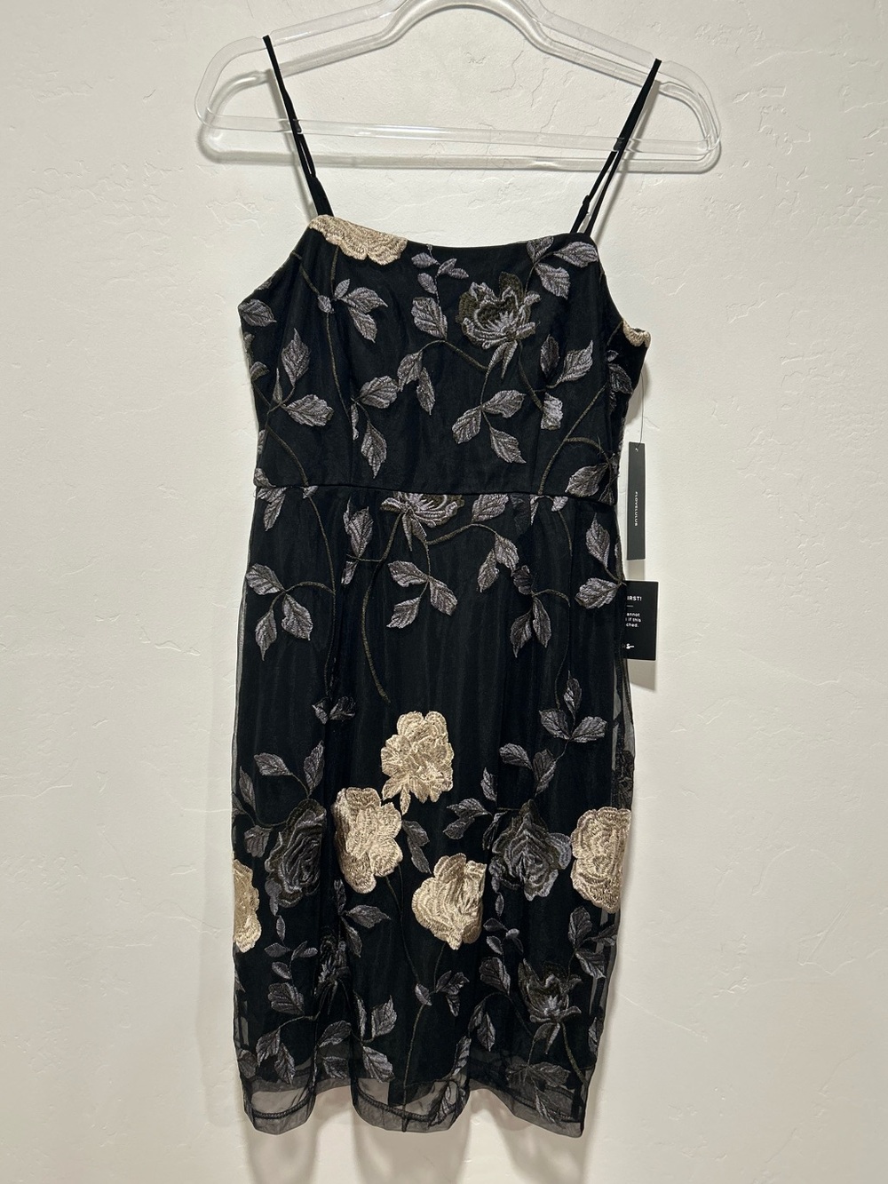 NWT Lulus Black Floral Embroidered Lined Mesh Bodycon Mini Dress Small Romantic